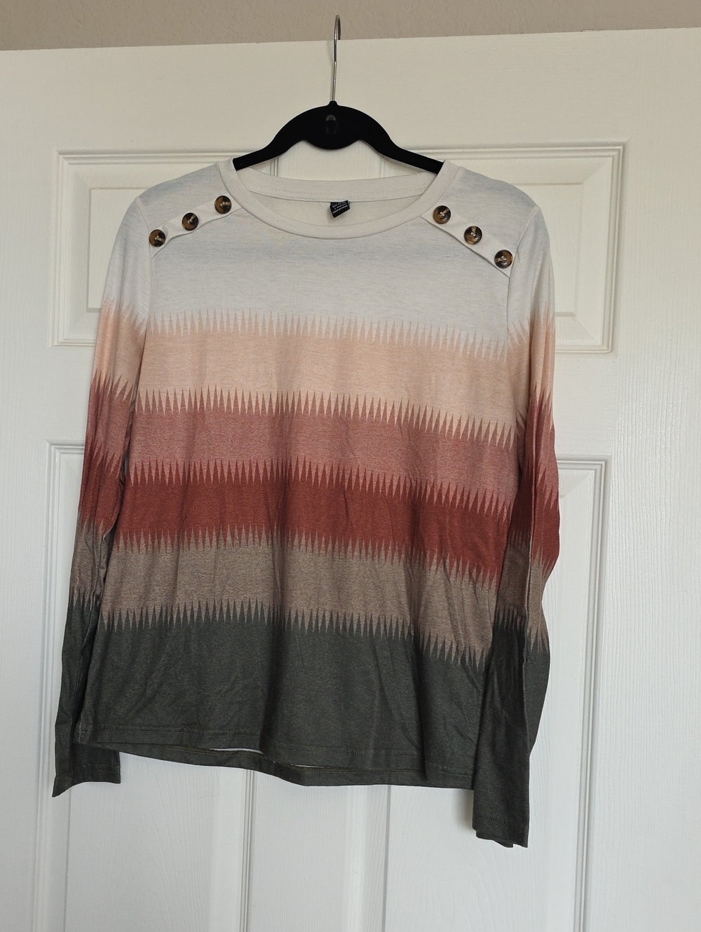 Striped Ombre Long-Sleeve Top with Shoulder Buttons - White, Rust & Olive
